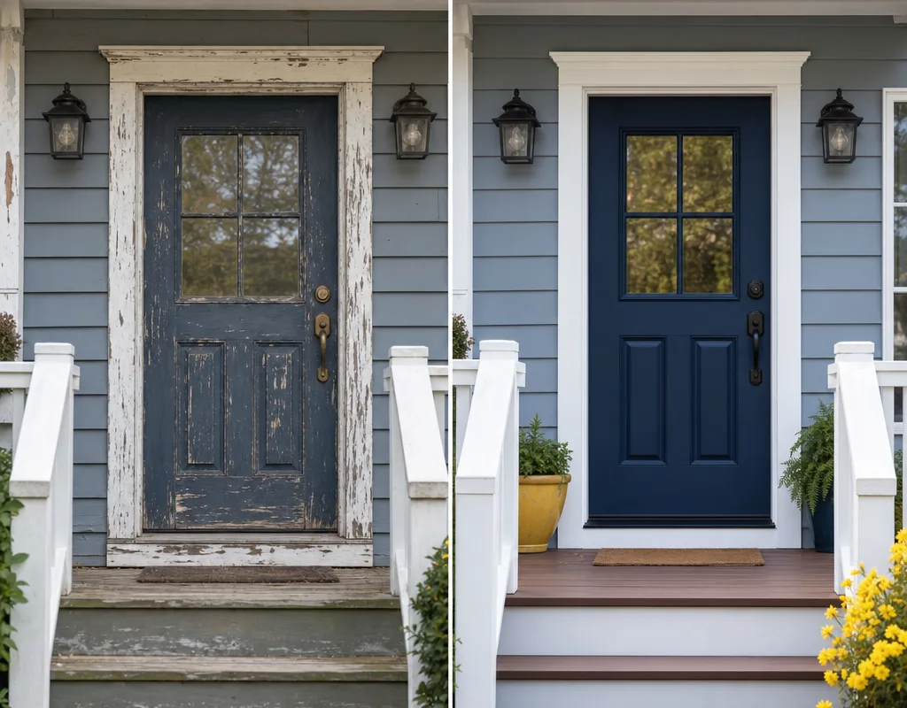 Before-and-after exterior entry with refreshed trim and door, crisp hardware edges, and a durable high-touch finish