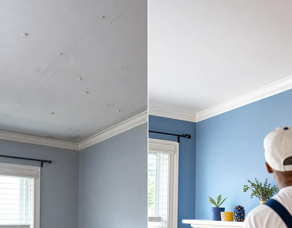 Before-and-after interior living space with repaired nail pops, uniform eggshell finish, and clean ceiling cut lines