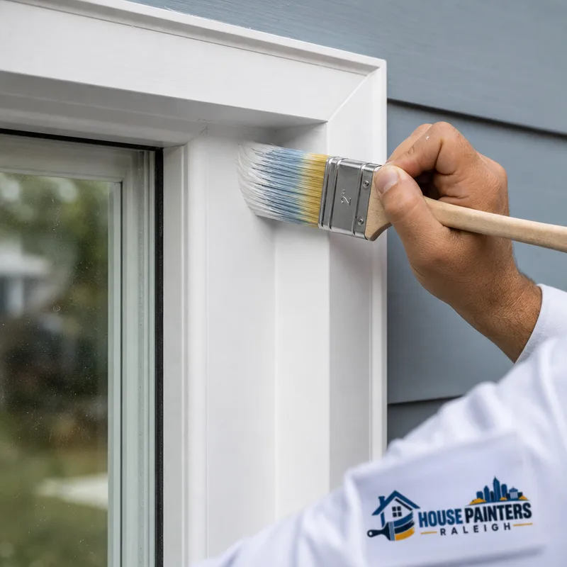 Detail of smooth trim and sharp corner lines at a window casing after careful sanding and caulking