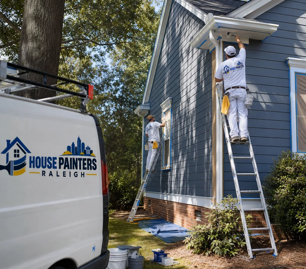 Raleigh painting crew applying an even finish to a home exterior with properly set ladders, masked trim, and a tidy jobsite