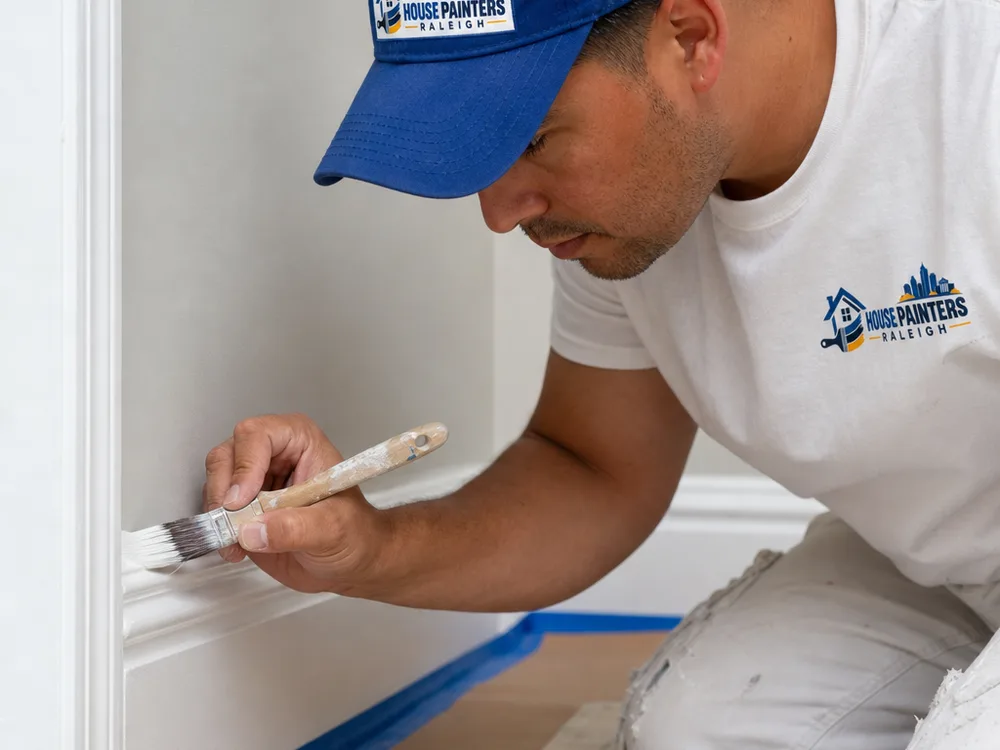 Painter cutting a straight line along interior trim with taped floor protection visible