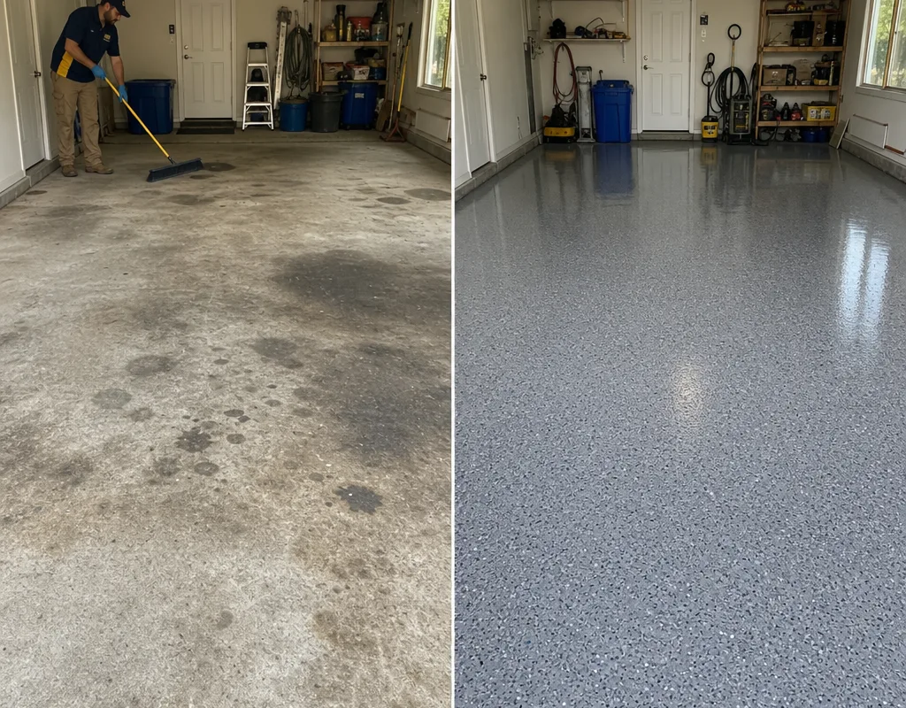 Before-and-after garage floor showing stained bare concrete with oil spots transformed by epoxy and a clear topcoat