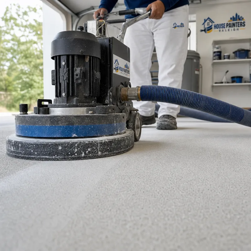 Floor grinder creating a consistent concrete profile in a garage with a dust-collection hose and uniformly textured slab ready for epoxy primer