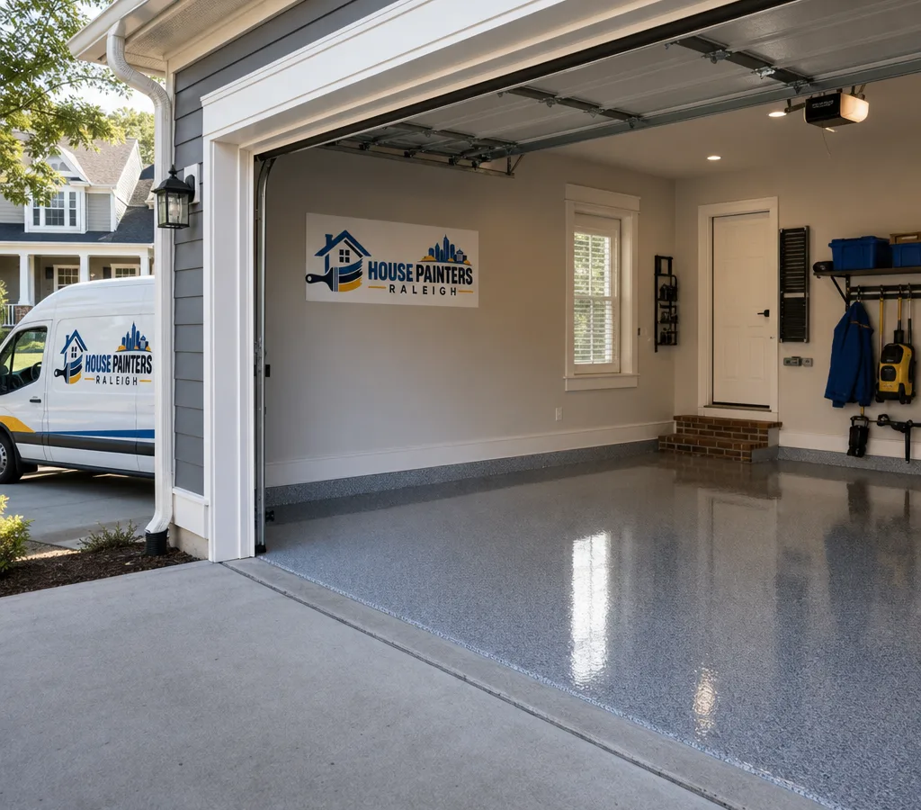 Wide-angle view of a Raleigh residential garage with a freshly installed glossy epoxy floor, crisp stem-wall edges, and reflections from overhead lights