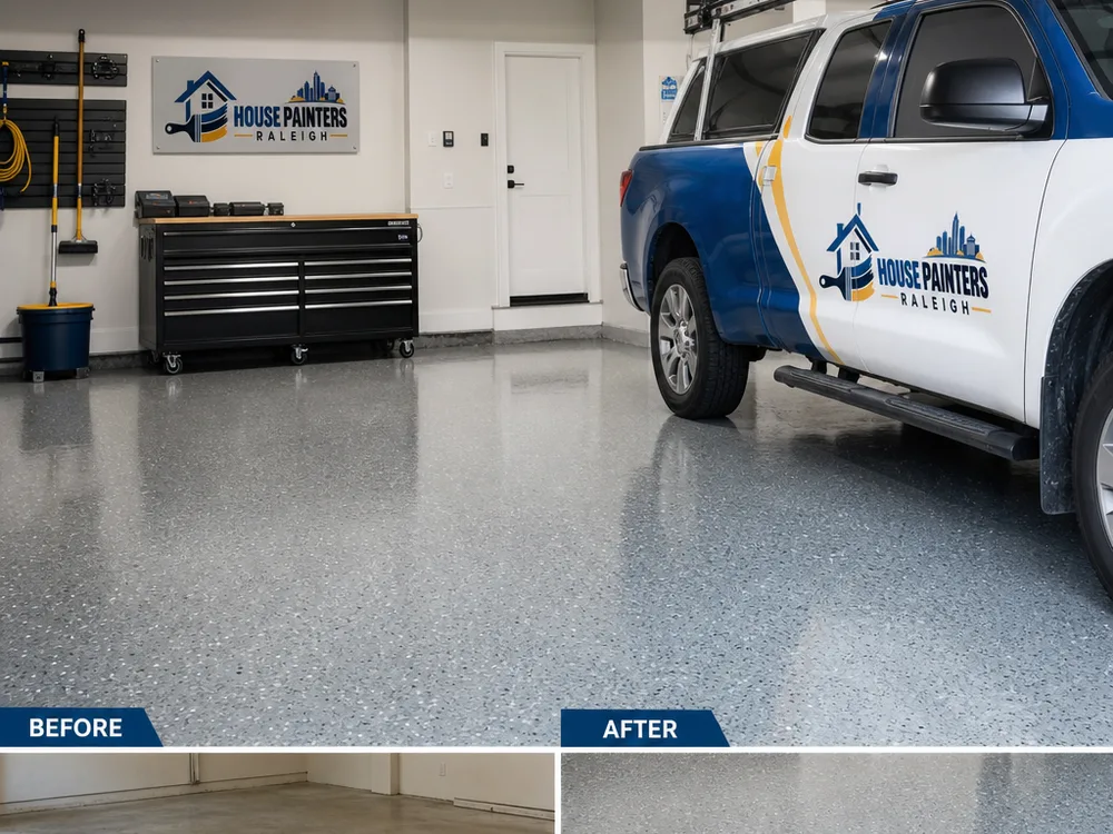 Two-car garage with a solid light-gray epoxy floor, satin clear topcoat, parked vehicle, and tool chest