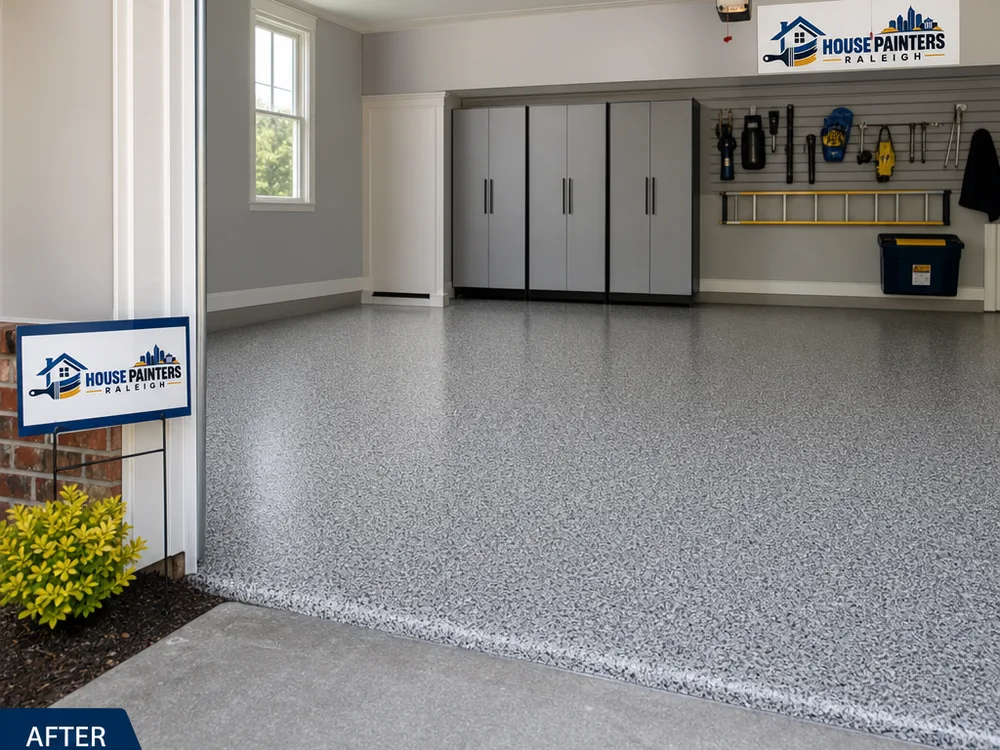 Finished garage with a medium-gray epoxy base, full flake broadcast, consistent edge coverage, and a clean garage-door threshold