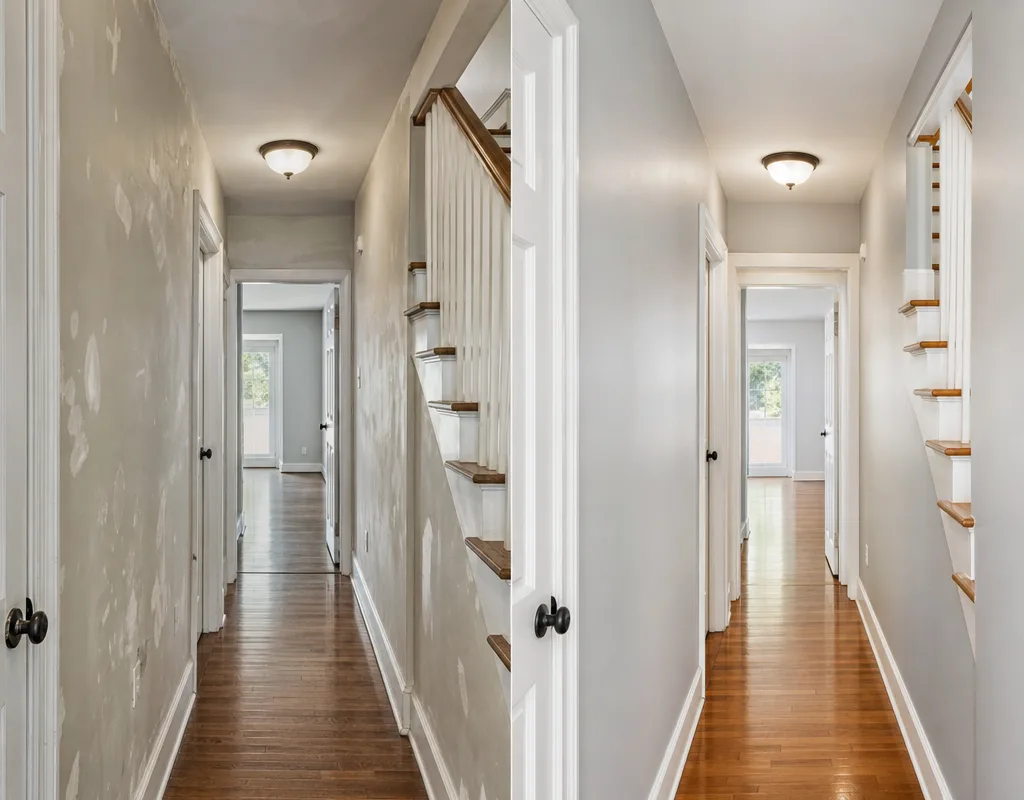 Before-and-after Raleigh hallway showing scuffed walls before and smooth repairs, uniform sheen, and crisp white trim after painting