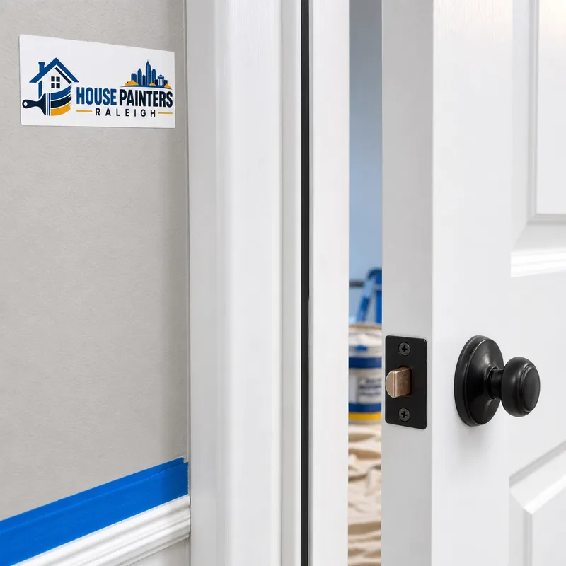 Close-up of a newly painted interior door and jamb with smooth enamel, a sharp edge, and cleanly reinstalled hardware