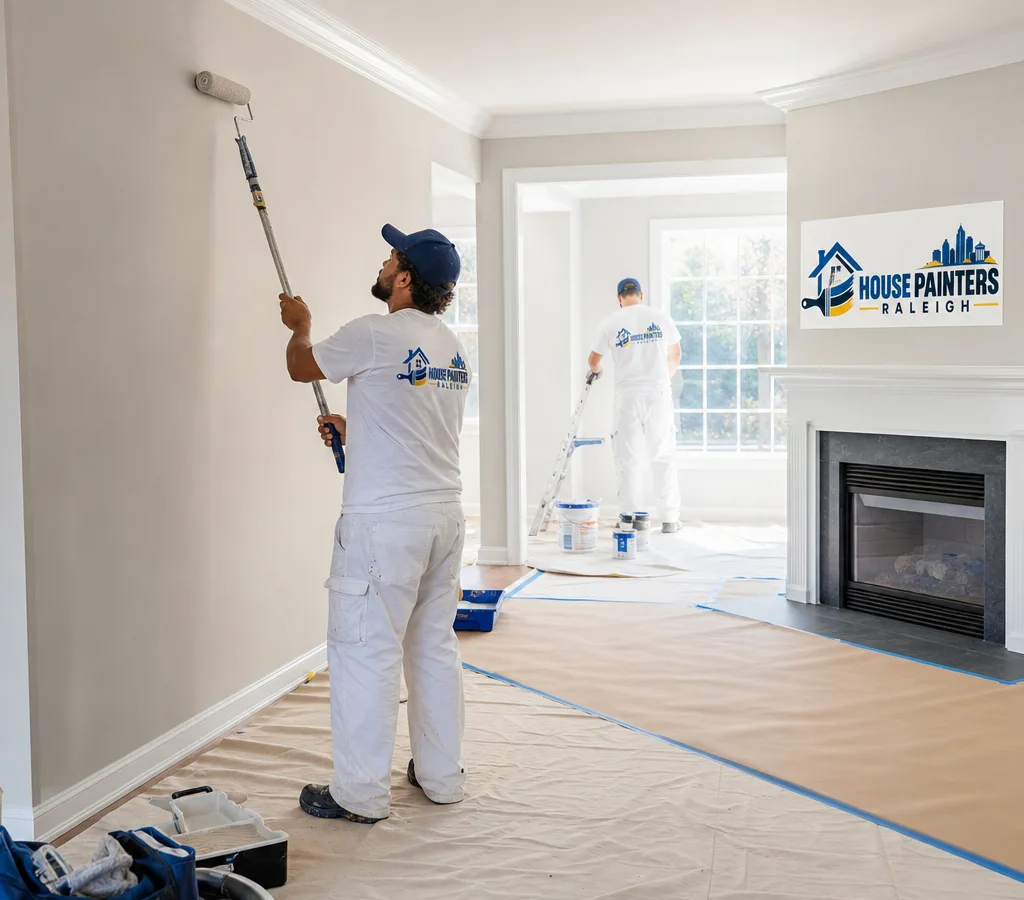Bright Raleigh living room with freshly painted neutral walls, crisp ceiling lines, protected floors, and painters working neatly