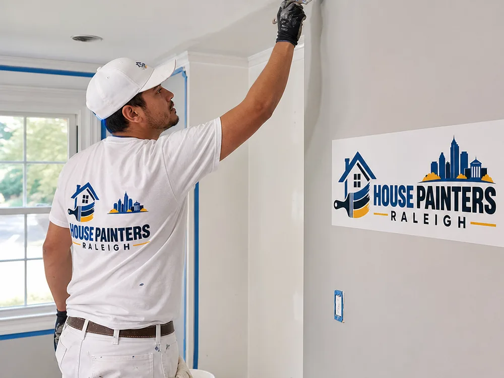 Painter cutting in a ceiling line in a Raleigh home with taped trim, masked outlets, and protected flooring