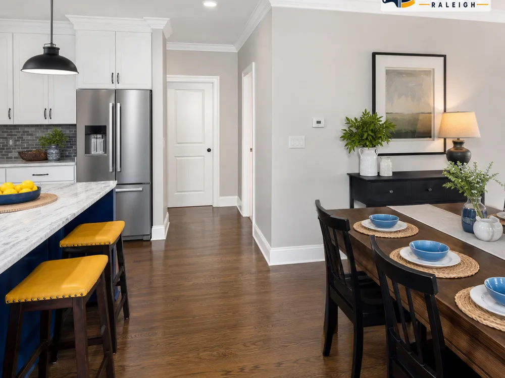 Freshly painted kitchen and dining area with neutral walls, bright white trim, even coverage, and consistent sheen
