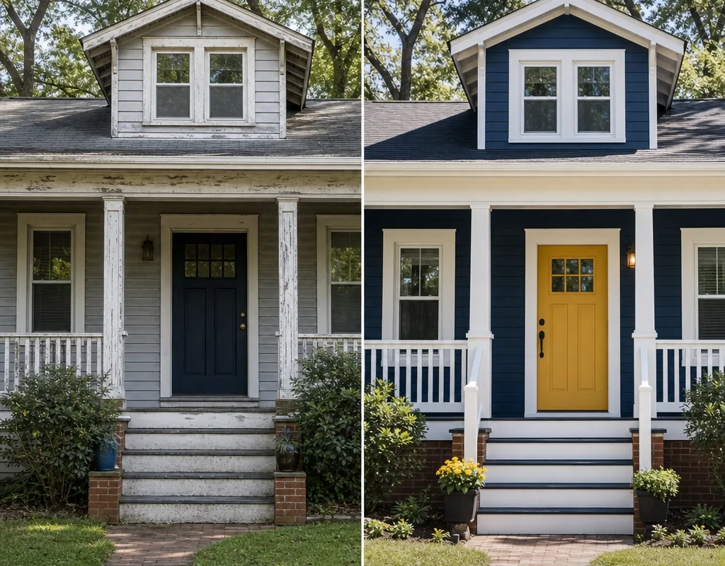 Raleigh home before and after exterior painting, changing faded siding and chalking trim to even color and crisp white trim
