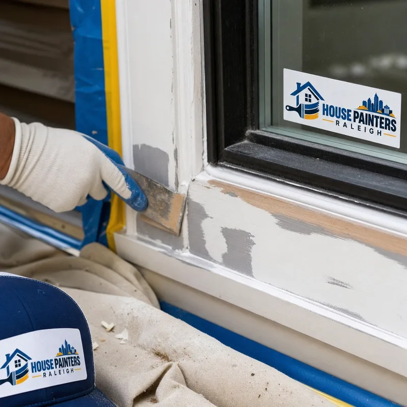 Scraped and sanded exterior wood with spot-primer, fresh caulk at a window casing, masking, and drop cloths