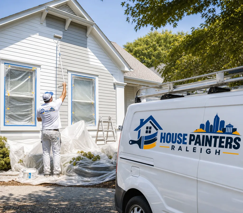 Exterior painter applying a finish coat to a Raleigh-area home with masked windows and protected landscaping