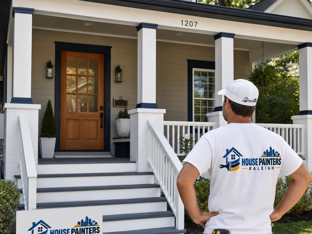 Freshly painted front porch and columns with clean edges at railings and steps