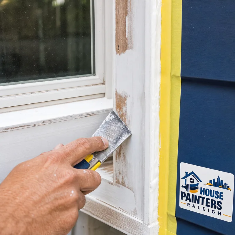 Scraped and sanded exterior window trim with fresh primer, a neat caulk line, and masking protecting adjacent siding