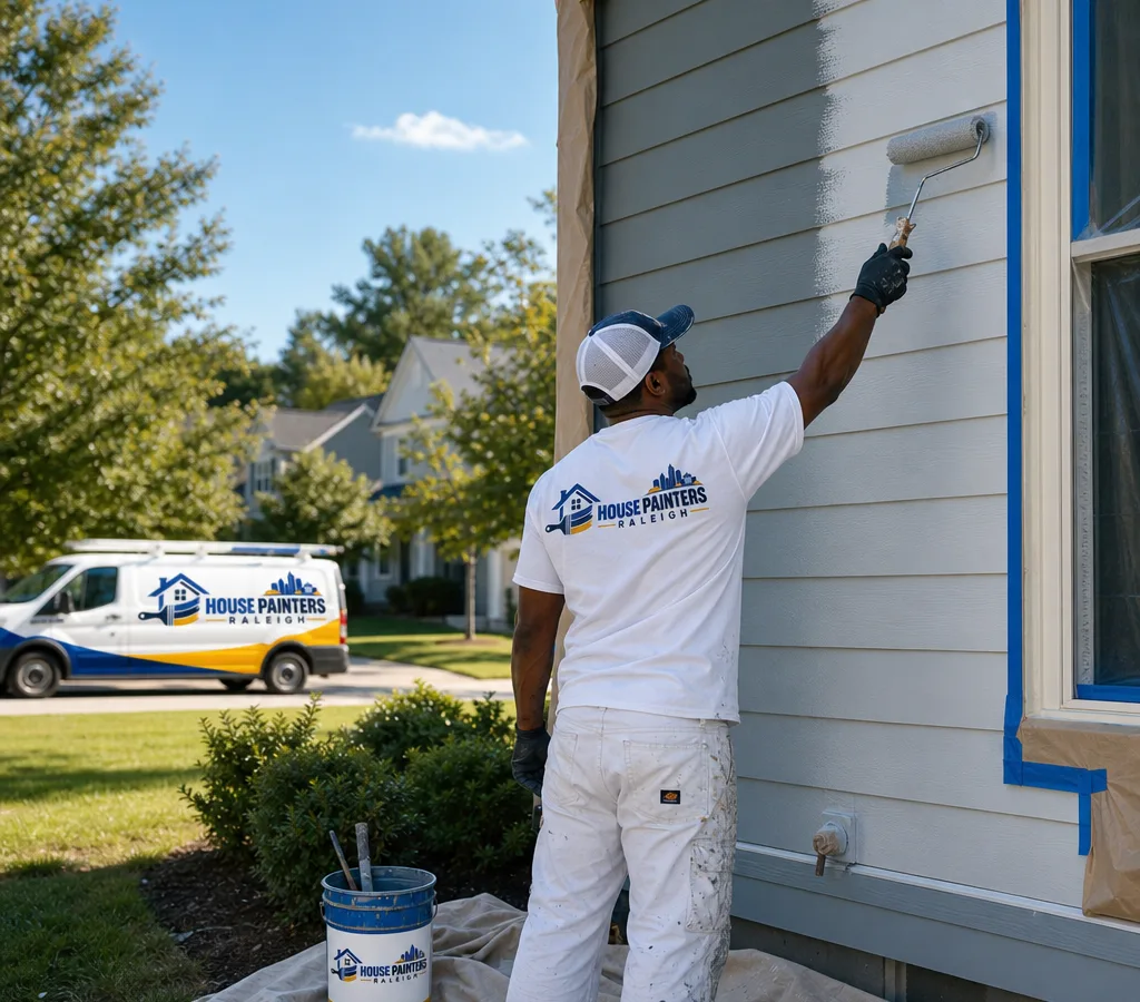 Painter rolling a fresh coat on exterior lap siding of a Raleigh home with masked trim and drop cloths protecting the work area