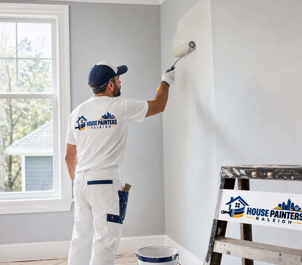 Painter applying a smooth finish with clean cut lines in a Raleigh home