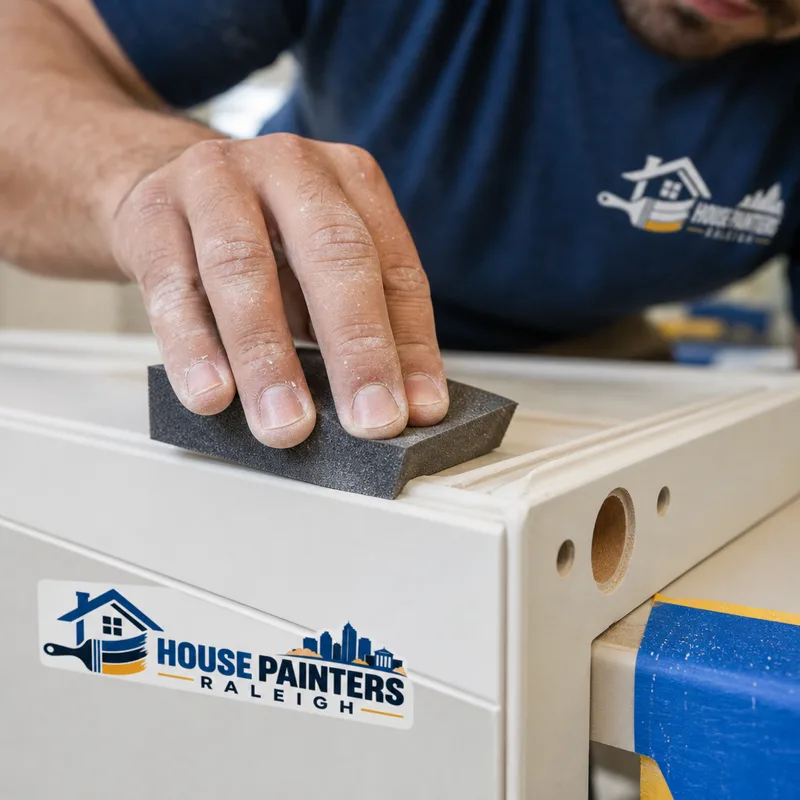 Painter using a fine-finish sanding sponge on a cabinet door profile with labeled hinge holes and masked edges