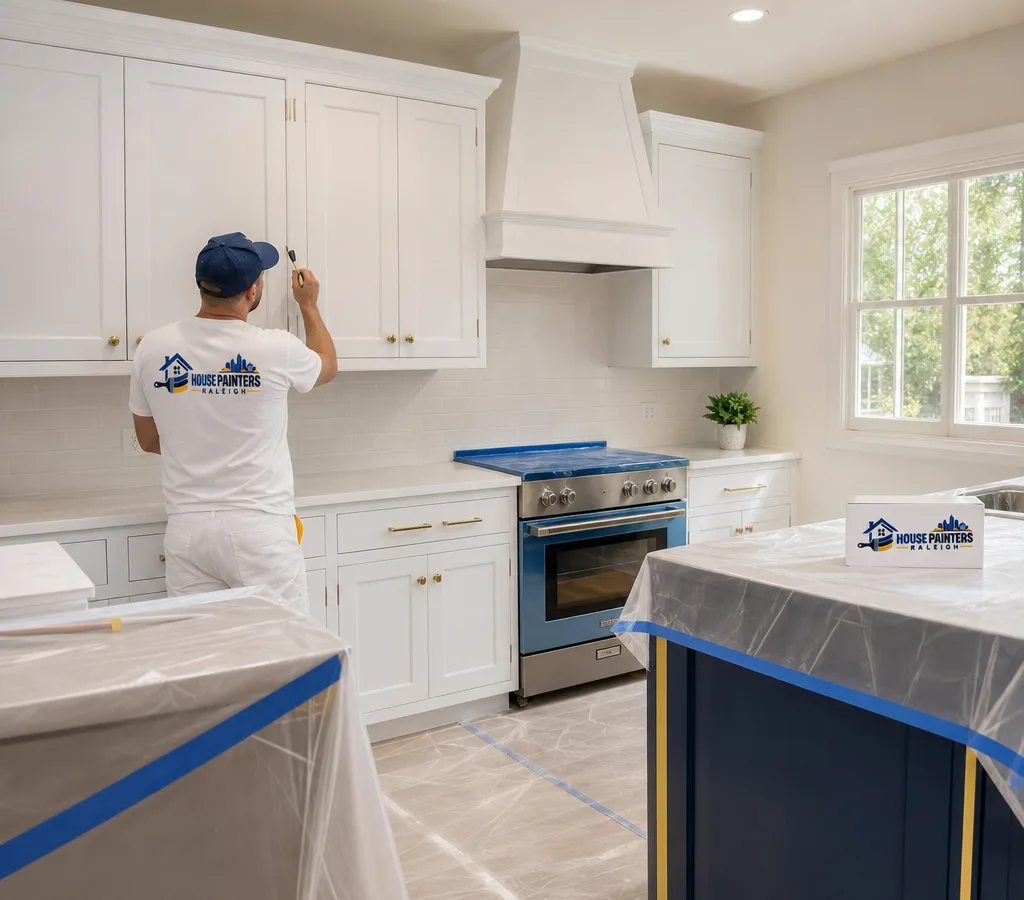 Bright Raleigh kitchen with freshly painted cabinet doors, a smooth satin finish, and protected countertops and floors