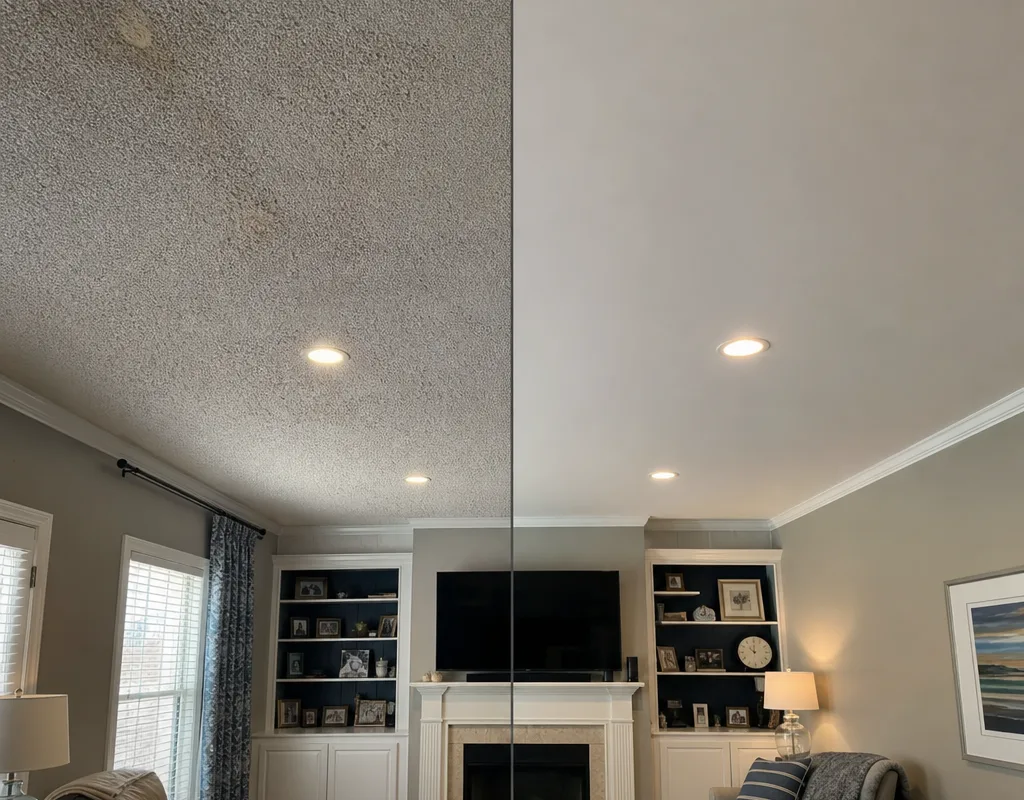 Before-and-after living room ceiling showing popcorn texture replaced by a smooth painted finish