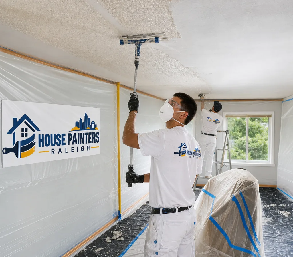 Technicians removing popcorn texture with plastic containment, protected floors, and controlled wet scraping