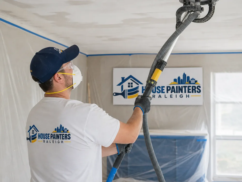 Skim coat application and dust-managed ceiling sanding with protective plastic and drop cloths