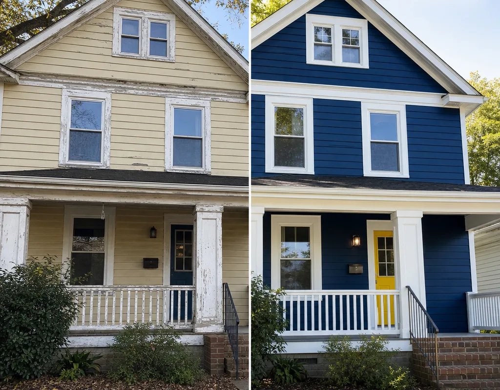 Before-and-after exterior trim and siding refresh with uniform color and neatly painted windows