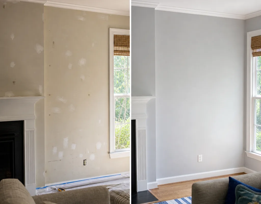 Before-and-after interior living room repaint with repaired nail pops, smooth walls, and clean cut lines
