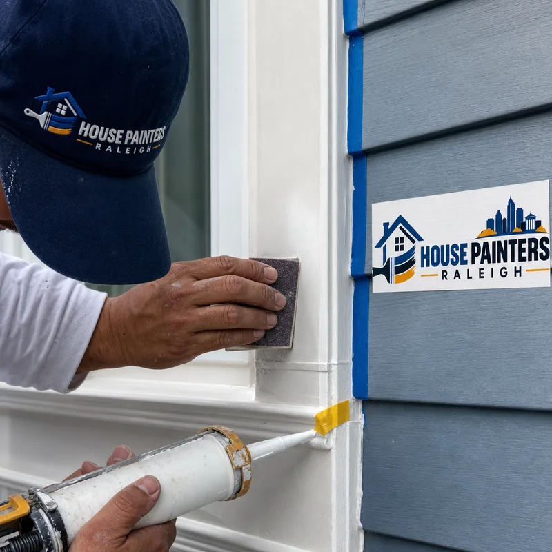 Painter repairing and sanding trim and caulking a joint before priming, with clean masking visible