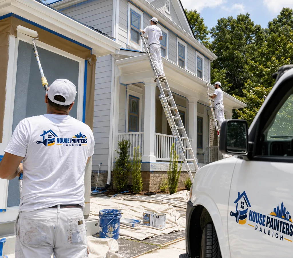 Crew painting a Raleigh home exterior with protected landscaping, ladders, and neatly masked trim