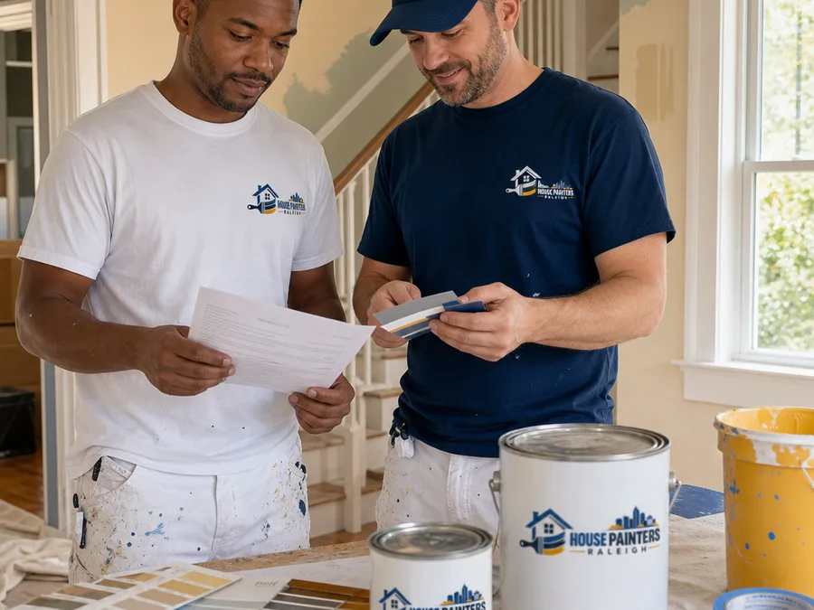 Painters reviewing a written scope and color selections in a Raleigh home