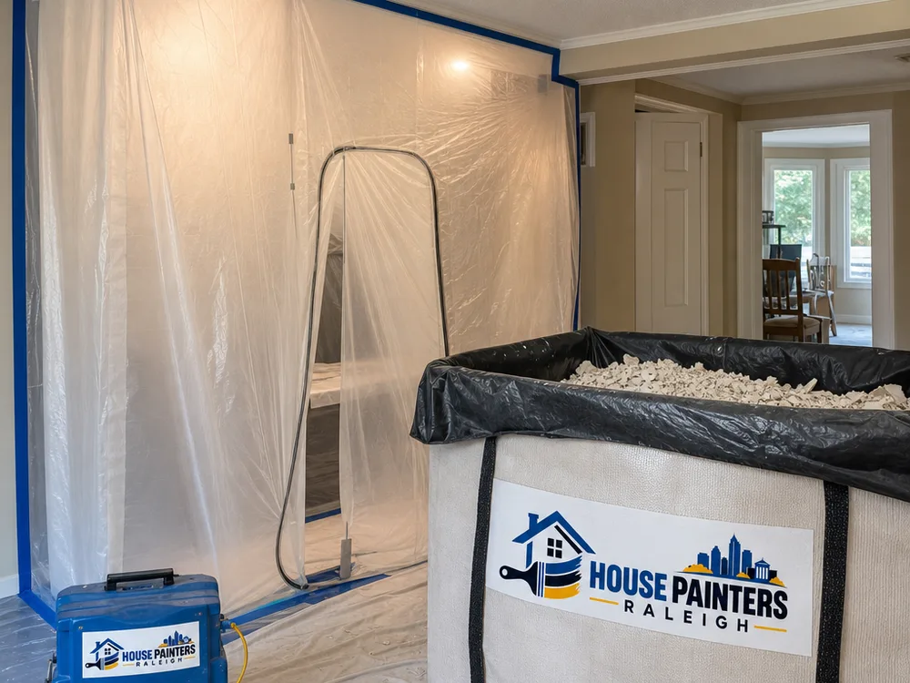 Plastic containment walls, protected floors, and debris collection during ceiling removal